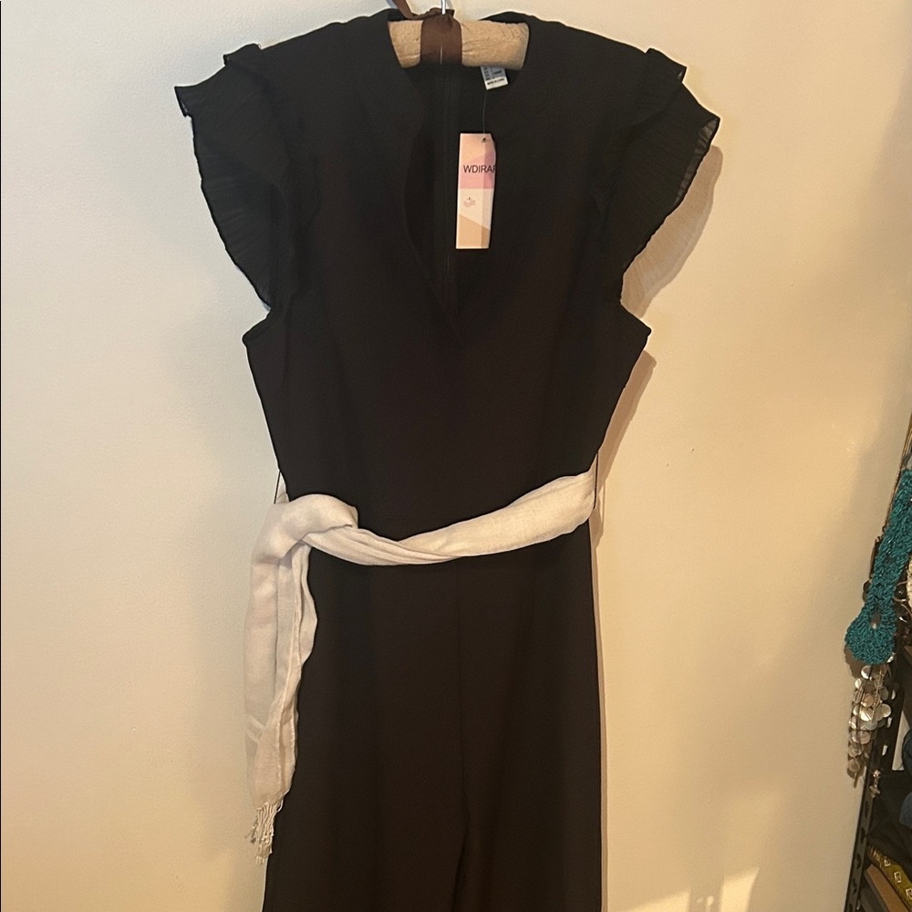 Chic Black Jumpsuit with White Sash